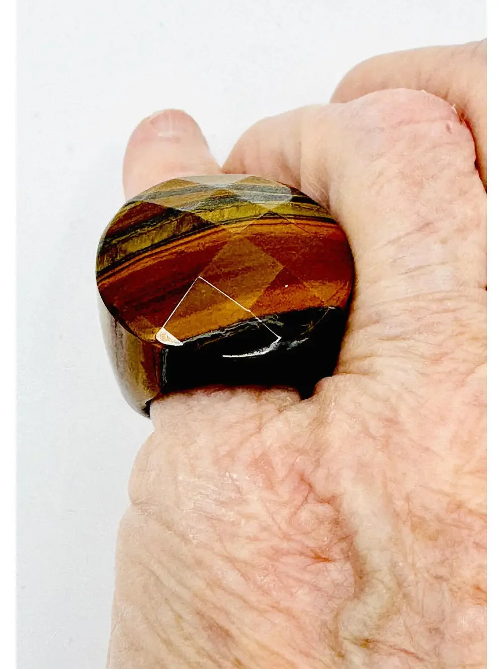 Men's large faceted chunky tiger's eye pinky ring;